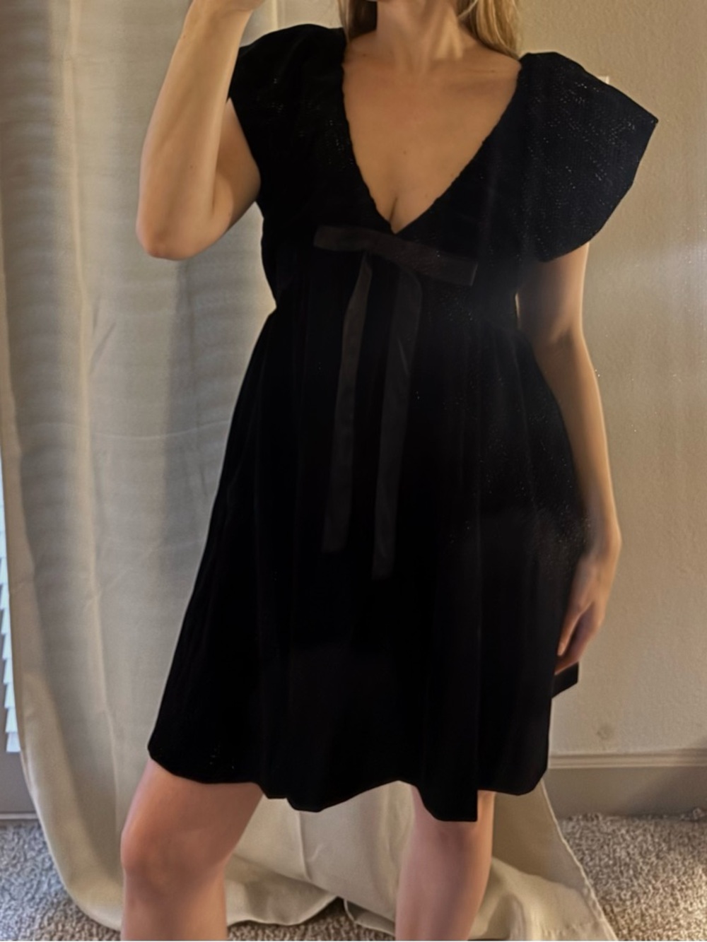 Vici Black V-Neck Mini Dress with Ribbon Tie